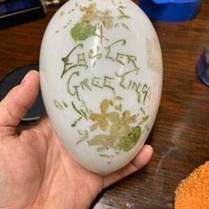 Antique VICTORIAN Large Milk GLASS Hand Blown Painted EASTER EGG 6”